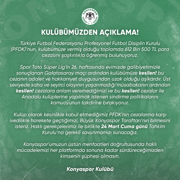 Konyaspor'dan PFDK'ya tepki
